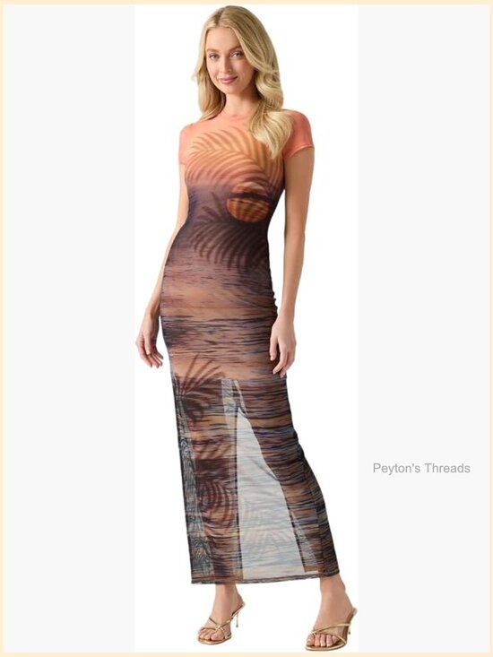 Dresses & Skirts - Eco Short Sleeve Beach Sunset Mesh Dress - Sheer Maxi Bodycon